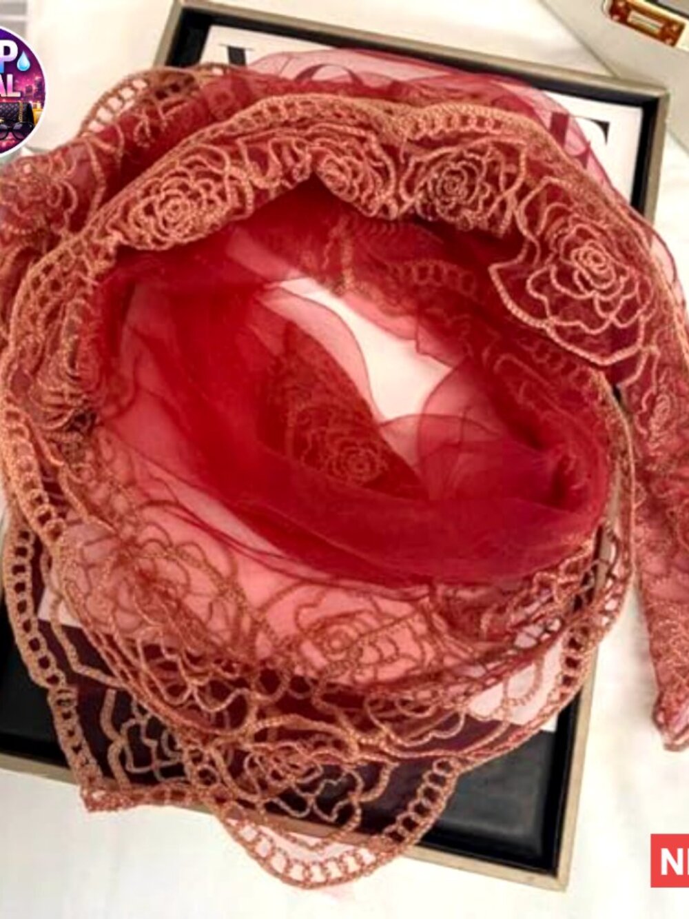 Large Sheer Headband Scarf with Flower Embroidery, 31.5 Inch - Picture 3 of 4